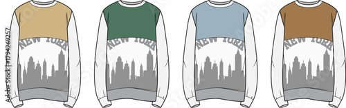 Fashion design concept of a sweatshirt in four color variations with cityscape graphic