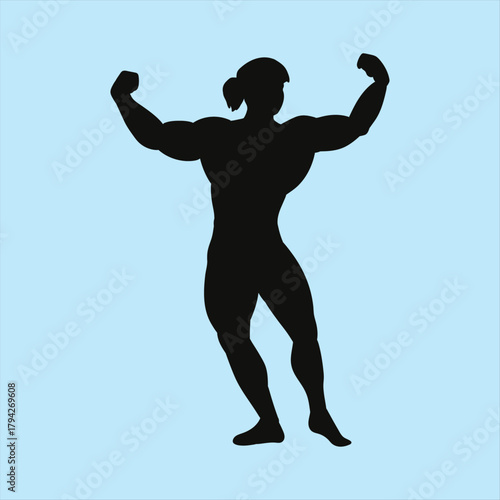 Silhouette of a strong female bodybuilder flexing her muscles against a light blue background showcasing power and fitness in a minimalist and striking design element