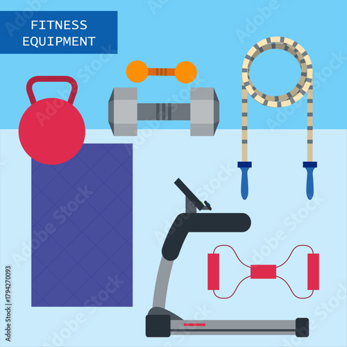 Fitness equipment including a kettlebell dumbbells jump rope yoga mat treadmill and resistance band arranged in a visually appealing flat lay style on a light blue background