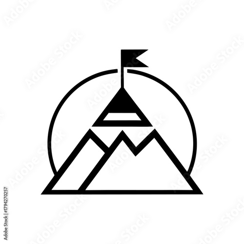 A minimalist mountain icon with a flag on top representing persistence, ambition, and goal achievement.