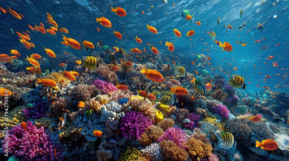 Naklejka premium Vibrant Underwater Scene with Colorful Coral Reef and Tropical Fish Swimming in Crystal Clear Ocean Water