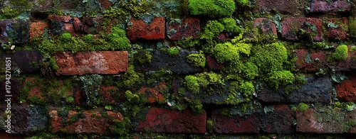 The brick wall covered with vibrant green moss and weathered natural texture