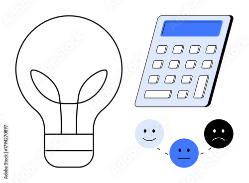 Energy-efficient light bulb, calculator, and emotive faces symbolize energy conservation, eco-efficiency, calculations, decision-making, problem-solving, sustainability, and innovation in a simple