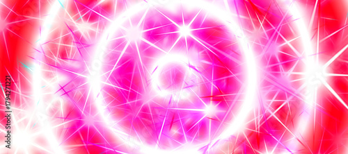 Bright digital artwork features vibrant white and pink star-like shapes on a red background. Intersecting beams of light create a dynamic, glowing pattern