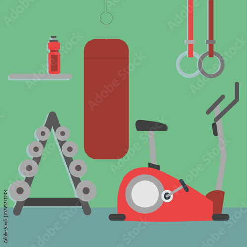 Minimalist gym illustration featuring exercise bike punching bag weights water bottle and gymnastic rings against a pastel green background promoting fitness and healthy lifestyle