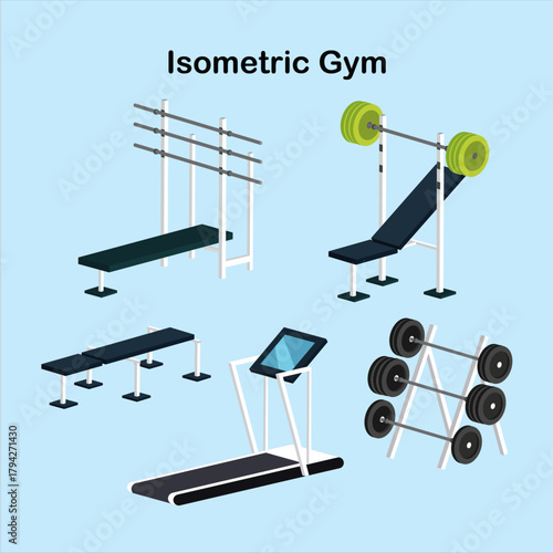 Isometric gym equipment including weight benches treadmill and weight racks arranged on a light blue background creating a clean and modern fitness illustration for design projects