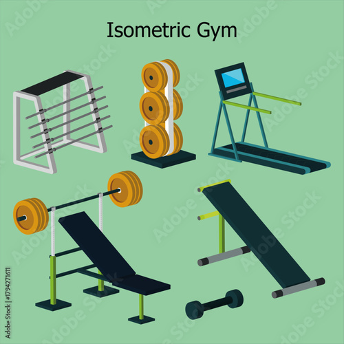 Isometric gym equipment including weight racks treadmill bench press and dumbbells on a light green background perfect for fitness health and exercise themed designs and illustrations