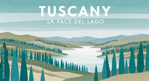 Scenic travel poster flat vector illustration of European lake, rolling hills, and cypress trees