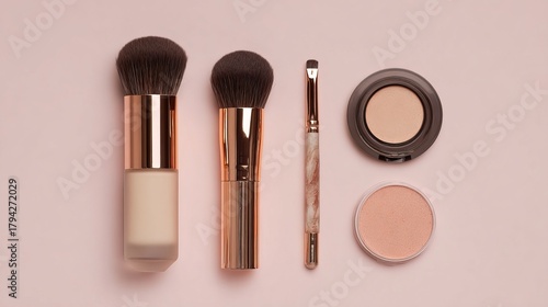 Beautiful makeup brushes and compacts on a blush pink background for beauty product marketing and cosmetics advertising, perfect for social media