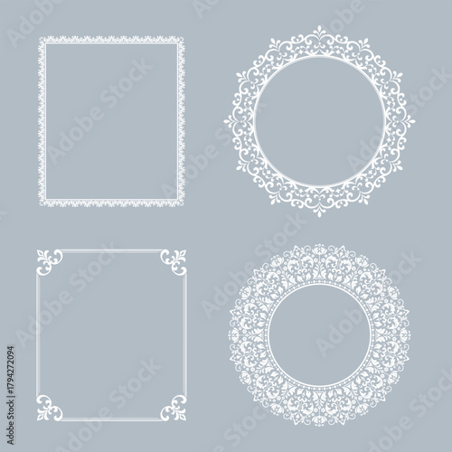 Set of decorative frames Elegant vector element for design in Eastern style, place for text. Floral gray and white borders. Lace illustration for invitations and greeting cards