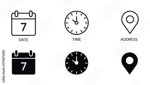Date, Time, and Address Vector Icon Set. Calendar, Clock, and Location Pin Graphics. Event Scheduling Symbols.