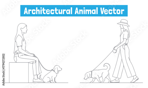Clean architectural vector set of cats and dogs in minimalist line-art style — multiple pet poses, people walking dogs and leash elements. Perfect for plans, presentations and icons.