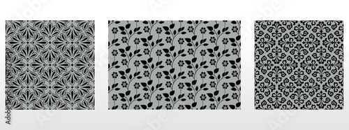 Geometric floral set of seamless patterns. Gray and black vector backgrounds. Damask graphic ornaments