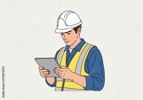 Construction worker in hard hat and safety vest using a tablet computer, professional and technology concept