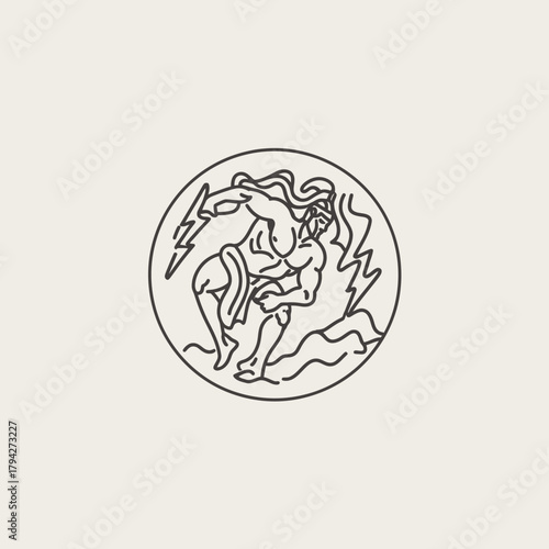Stylized illustration of mythological figure with lightning bolt emblem