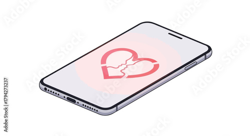 Smartphone displaying a broken heart symbol with two kissing profiles symbolizing digital heartbreak and lost love