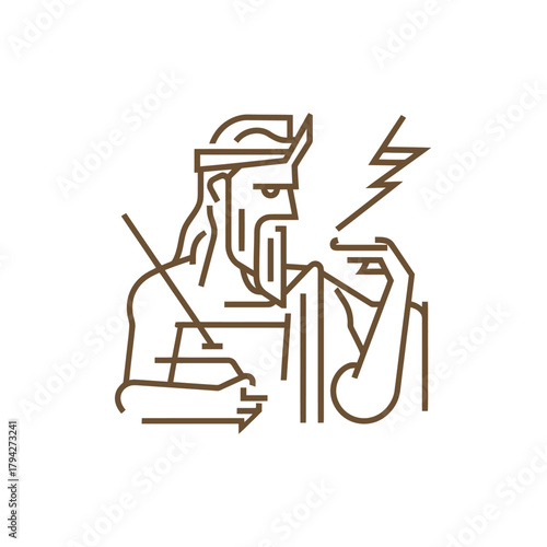 Stylized illustration of a mythological figure with a staff and lightning bolt