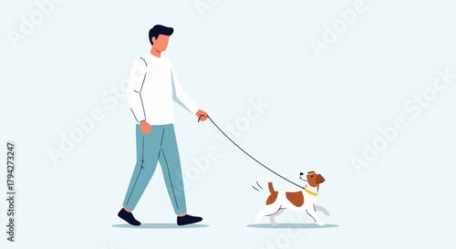 Man walking a small dog on a leash in a park with a light blue background