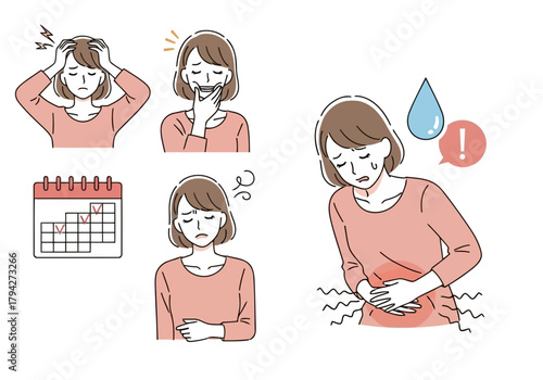 A woman experiencing various symptoms of discomfort, including headache, stomach pain, and fatigue, with a calendar indicating a period