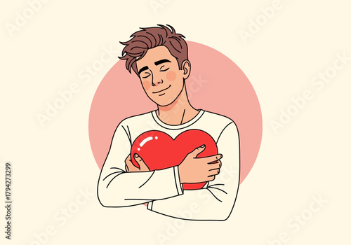 Young man with closed eyes hugging a red heart with a pink circle in the background, conveying love and selfcare