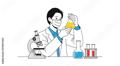 Scientist in lab coat wearing mask holding flask with yellow liquid, microscope and test tubes on table