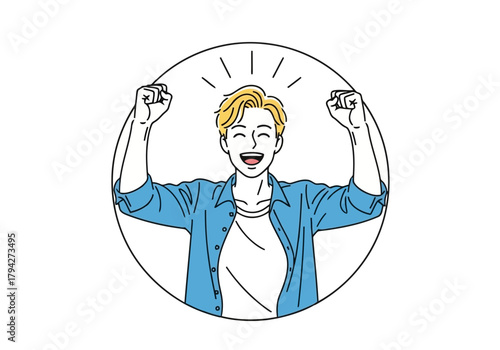 Excited young man with arms raised in celebration