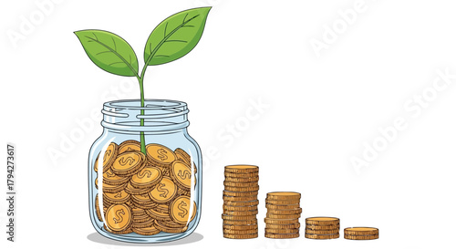 A glass jar filled with coins and a plant growing from it, with stacks of coins decreasing in size