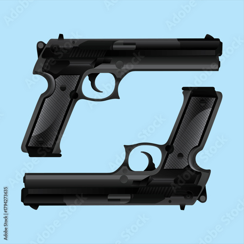 Two black handguns displayed against a light blue background showcasing firearm design and weaponry with a focus on detail and precision in a clean and modern style illustration