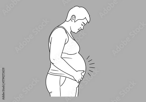 Line drawing of a pregnant person holding their belly with radiating lines