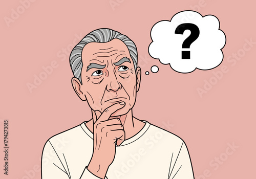 Elderly man with gray hair, deep in thought, hand on chin, with a question mark in a thought bubble above his head, isolated on pink background