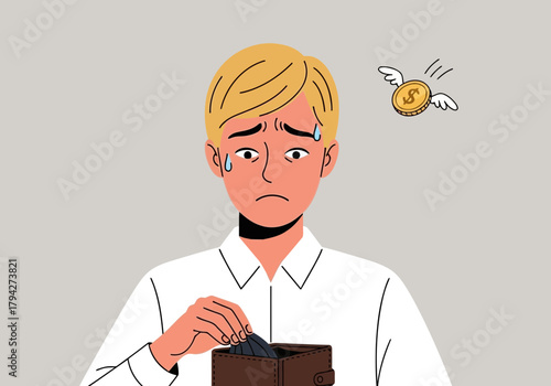 Worried man looking at empty wallet with a flying coin