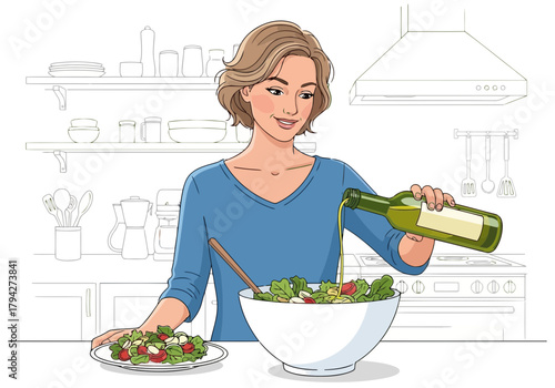 Woman in a blue shirt preparing a salad in a kitchen, pouring dressing from a bottle into a bowl, with a plate of salad nearby