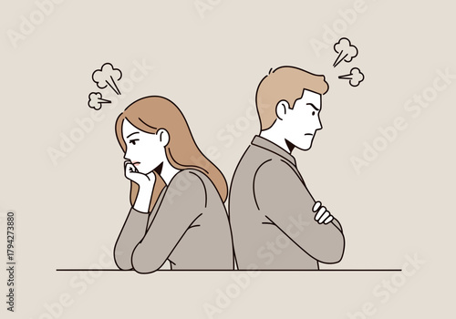Couple arguing and turning their backs to each other, showing relationship conflict and disagreement