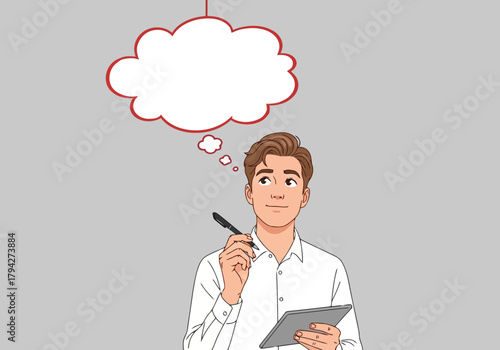 Young man in white shirt holding a pen and tablet, with a thought bubble above his head, contemplating an idea or solution