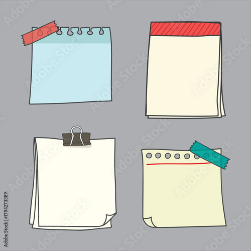 Four handdrawn style sticky notes and notepads attached with tape and a binder clip perfect for reminders and organization in a digital or print design project
