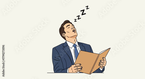 Businessman in a suit falling asleep while reading a book, with zzz symbols indicating snoring, representing fatigue or boredom