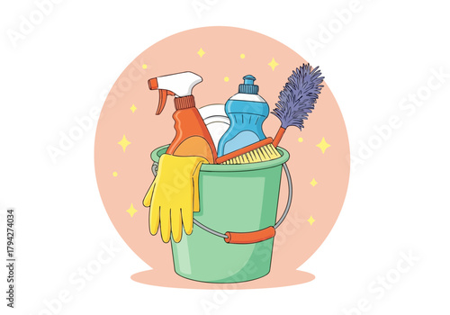 A green bucket filled with cleaning supplies including a spray bottle, dish soap, gloves, and a duster