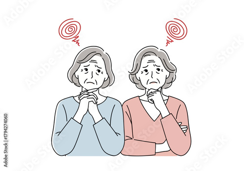 Two elderly women with worried expressions and swirling thoughts above their heads