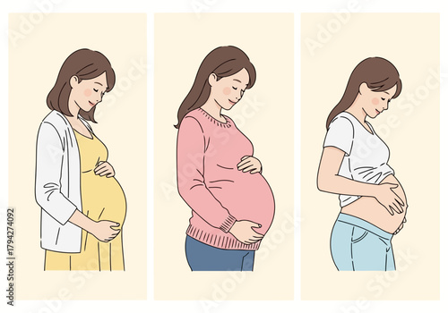 Three pregnant women in different outfits showing their growing baby bumps at various stages of pregnancy