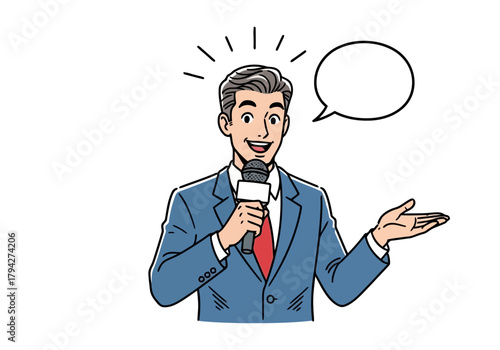 A man in a suit holding a microphone and gesturing, with a speech bubble