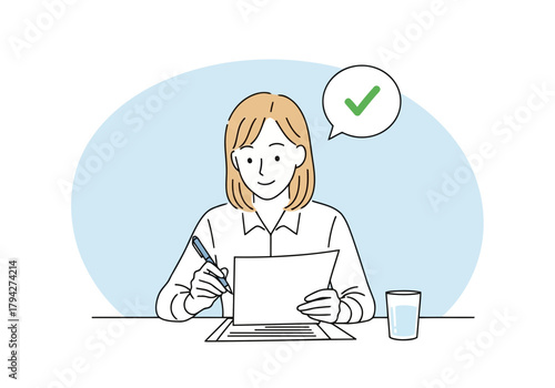 Woman working at a desk with a pen and paper, a check mark in a speech bubble above her head, representing task completion