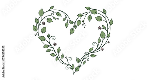 Delicate heart shaped floral wreath with green leaves and small pink flowers