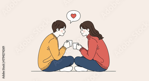 A couple sitting crosslegged, holding mugs, with a heart symbol above their heads, conveying love and affection