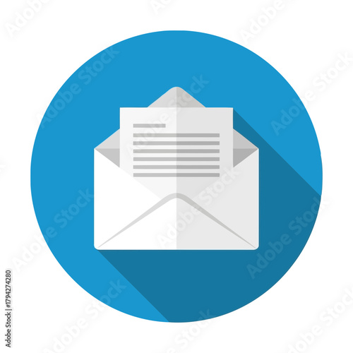 Flat design icon of an open envelope with a document inside, symbolizing email or communication, set against a blue circle