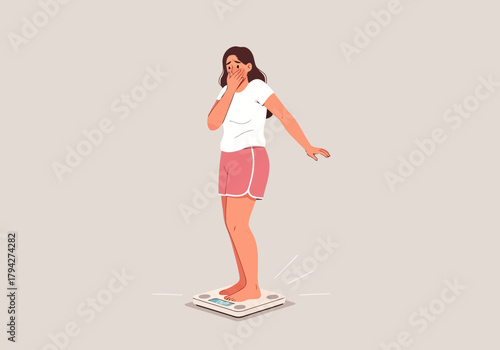 A woman looking shocked and covering her mouth while standing on a weighing scale, expressing concern about her weight