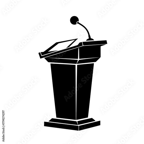A black silhouette of a modern podium with a microphone, suitable for presentations and speeches