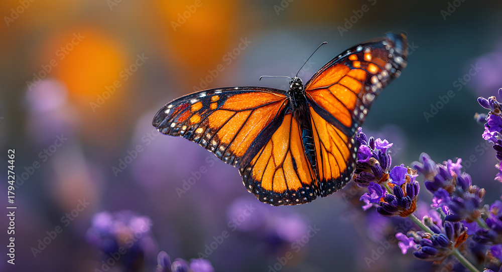 Obraz premium butterfly on lavender flower with bokeh light background