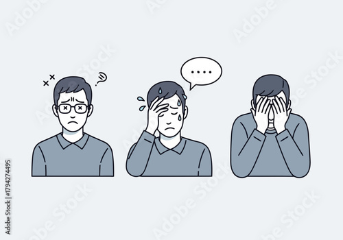 Three men showing different stages of distress, confusion, and despair with simple line art illustration