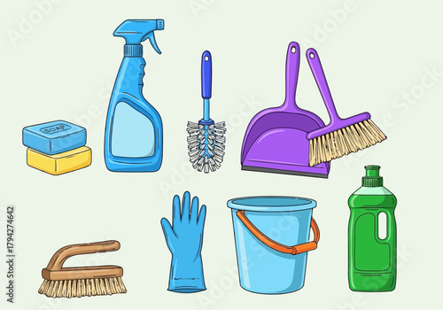 A collection of cleaning supplies including a spray bottle, brushes, soap, gloves, bucket, and dustpan, arranged on a plain background