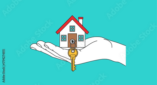 Hand holding a house and key, symbolizing home ownership, real estate, buying or selling a property